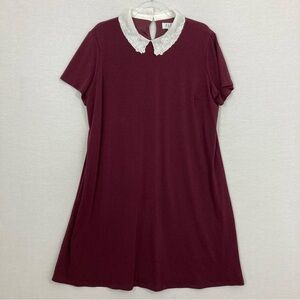 Elle Burgundy White Collar Preppy Stretch Short Sleeve Dress XXL Office